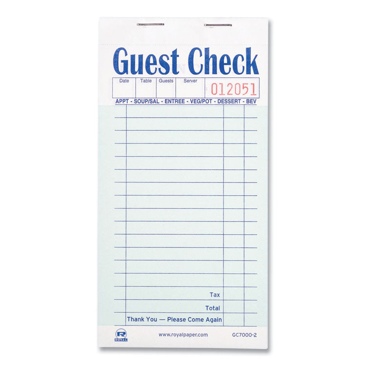 AmerCareRoyal® Guest Check Pad, 17 Lines, Two-Part Carbonless, 3.6 x 6.7, 50 Forms/Pad, 50 Pads/Carton (RPPGC70002)