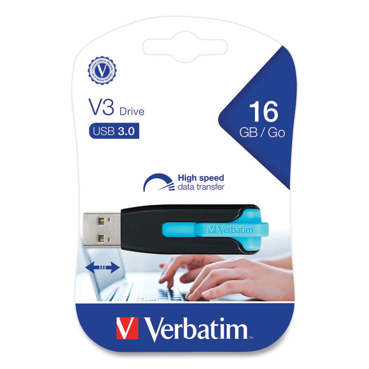 Verbatim® Store 'n' Go V3 USB 3.0 Drive, 16 GB, Black/Blue (VER49176)