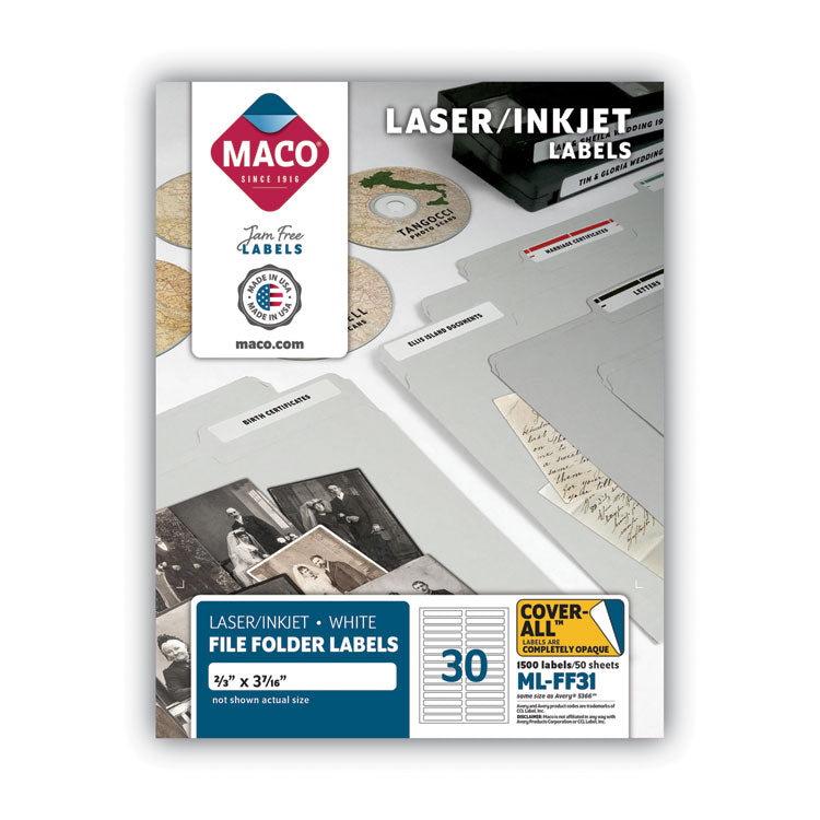 MACO® Cover-All Opaque File Folder Labels, Inkjet/Laser Printers, 0.66 x 3.44, White, 30 Labels/Sheet, 50 Sheets/Box (MACMLFF31) Box of 1500