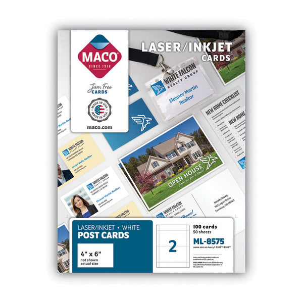 MACO® Unruled Microperforated Laser/Inkjet Post Cards, 4 x 6, White, 100 Cards, 2 Cards/Sheet, 50 Sheets/Box (MACML8575) Box of 100