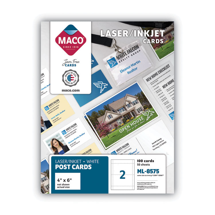 MACO® Unruled Microperforated Laser/Inkjet Post Cards, 4 x 6, White, 100 Cards, 2 Cards/Sheet, 50 Sheets/Box (MACML8575) Box of 100