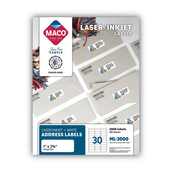 MACO® White Laser/Inkjet Shipping Address Labels, Inkjet/Laser Printers, 1 x 2.63, White, 30 Labels/Sheet, 100 Sheets/Box (MACML3000) Box of 3000