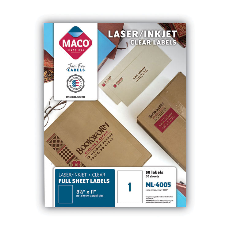 MACO® Matte Clear Printable Shipping Address Labels, Inkjet/Laser Printers, 8.5 x 11, Matte Clear, 50/Box (MACML4005) Box of 50