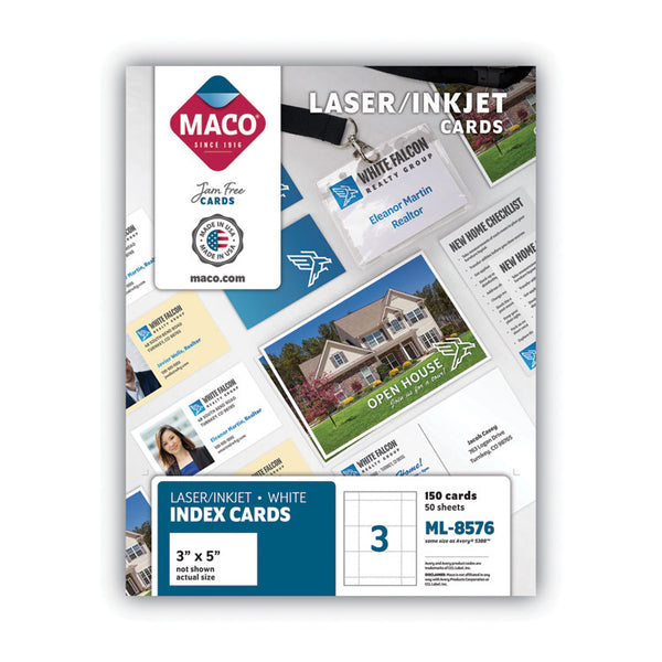 MACO® Unruled Microperforated Laser/Inkjet Index Cards, 3 x 5, White, 150 Cards, 3 Cards/Sheet, 50 Sheets/Box (MACML8576) Box of 1500