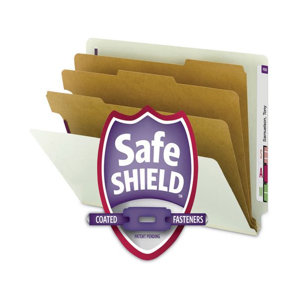 Smead™ End Tab Pressboard Classification Folders, Eight SafeSHIELD Fasteners, 3" Expansion, 3 Dividers, Legal Size, Gray-Green,10/BX (SMD29820)