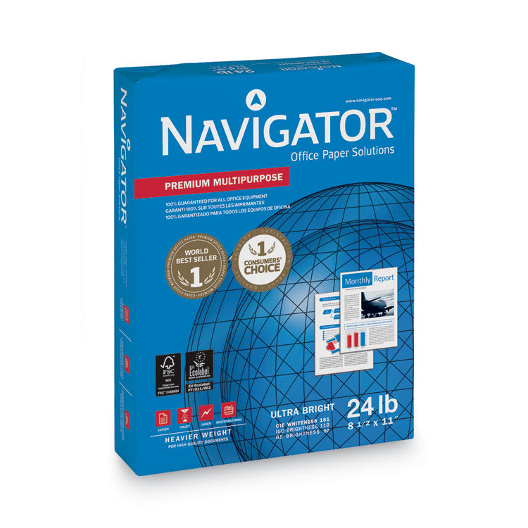 Navigator® Premium Multipurpose Copy Paper, 97 Bright, 24 lb Bond Weight, 8.5 x 11, White, 500 Sheets/Ream, 10 Reams/Carton (SNANMP1124)