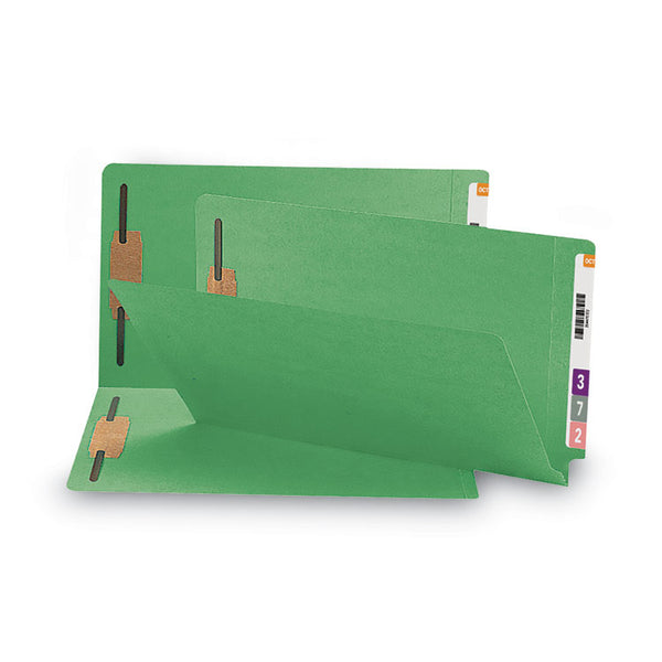 Smead™ Heavyweight Colored End Tab Fastener Folders, 0.75" Expansion, 2 Fasteners, Legal Size, Green Exterior, 50/Box (SMD28140)