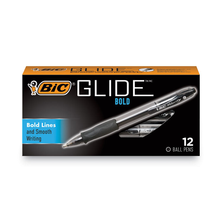 BIC® GLIDE Bold Ballpoint Pen, Retractable, Bold 1.6 mm, Black Ink, Smoke Barrel, Dozen (BICVLGB11BK)