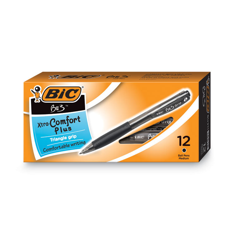 BIC® BU3 Ballpoint Pen, Retractable, Bold 1 mm, Black Ink, Smoke/Black Barrel, Dozen (BICBU311BK)