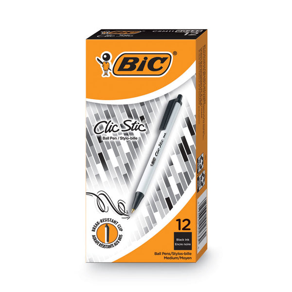 BIC® Clic Stic Ballpoint Pen, Retractable, Medium 1 mm, Black Ink, White Barrel, Dozen (BICCSM11BK)
