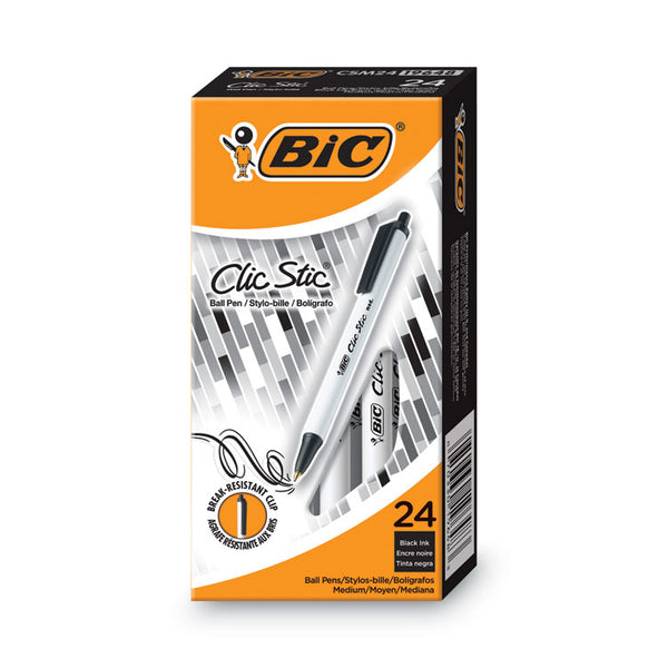 BIC® Clic Stic Ballpoint Pen Value Pack, Retractable, Medium 1 mm, Black Ink, White Barrel, 24/Pack (BICCSM241BK)
