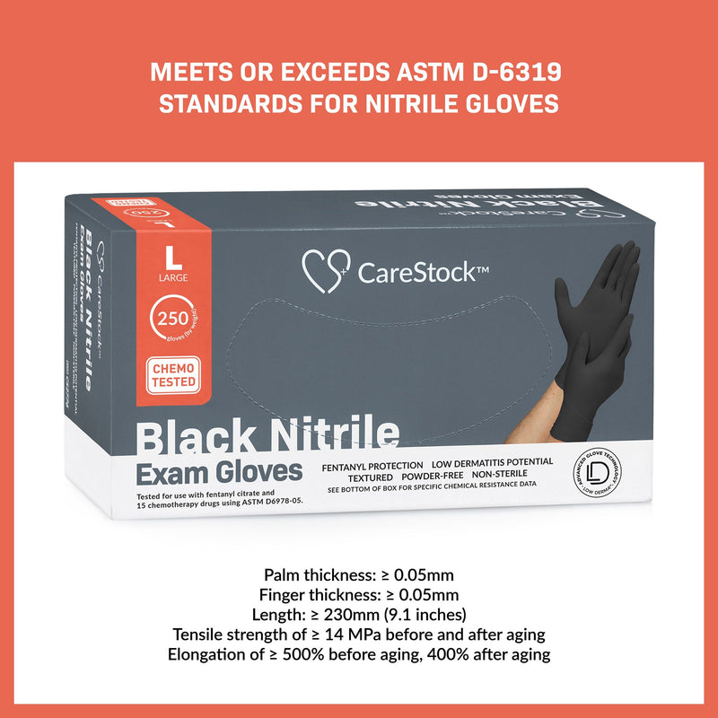 CareStock™ Exam Glove Large NonSterile Nitrile Standard Cuff Length Fully Textured Black Not Rated (1230894_CS) 2500/CS