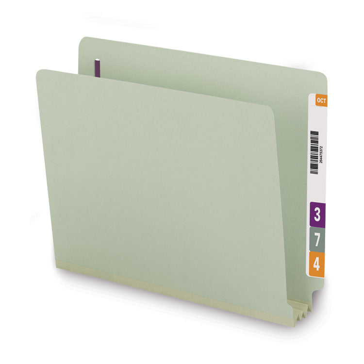 Smead™ End Tab Pressboard Classification Folders, Two SafeSHIELD Coated Fasteners, 3" Expansion, Letter Size, Gray-Green, 25/Box (SMD34725)