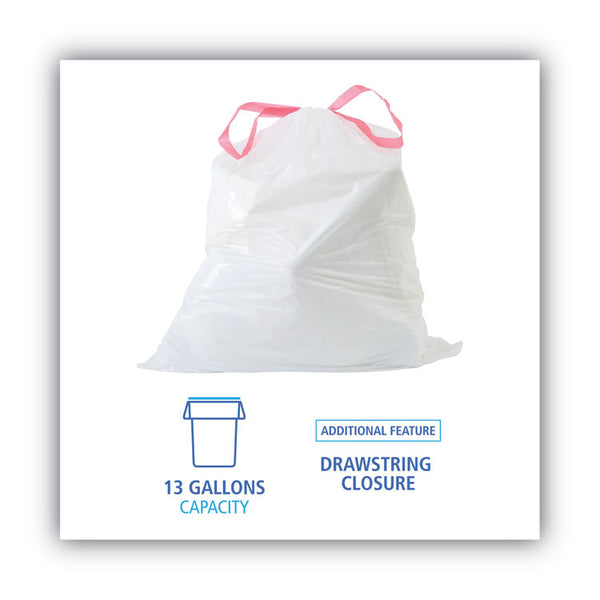 Boardwalk® Drawstring Kitchen Bags, 13 gal, 0.8 mil, White, 50 Bags/Roll, 2 Rolls/Carton (BWK1DK100)