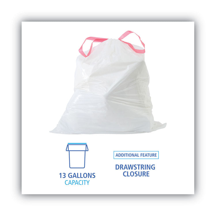 Boardwalk® Drawstring Kitchen Bags, 13 gal, 0.8 mil, White, 50 Bags/Roll, 2 Rolls/Carton (BWK1DK100)