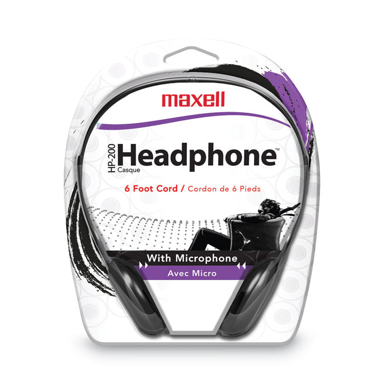 Maxell® HP200 Headphone with Microphone, 6 ft Cord, Black (MAX199929) Each