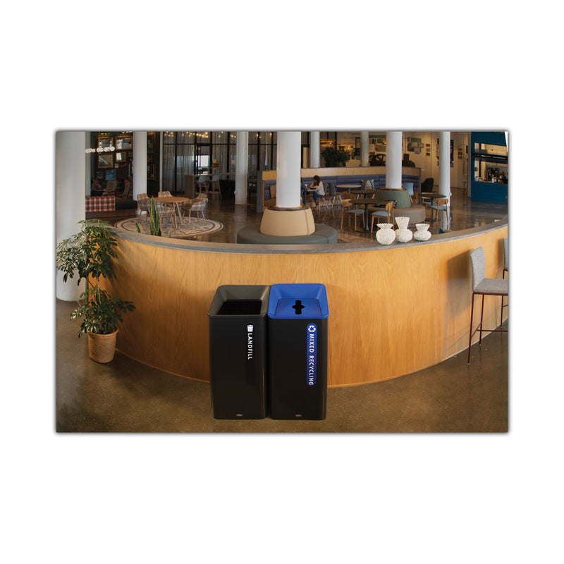 Rubbermaid Sustain Decorative Refuse with Recycling Lid, 23 gal, Metal/Plastic, Black/Blue (RCP2078980) Each