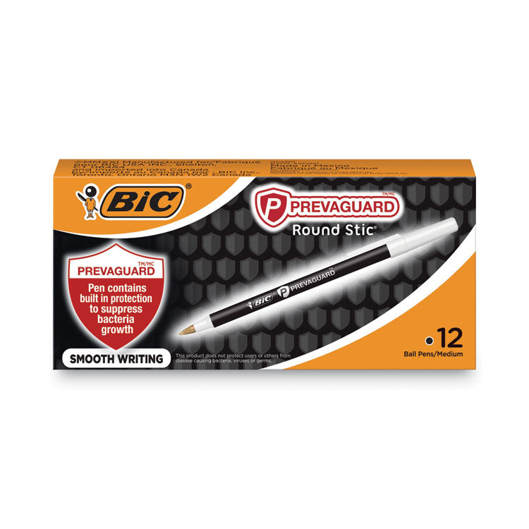 BIC® PrevaGuard Round Stic Pen, Stick, Medium 1 mm, Black Ink, Black Barrel, Dozen (BICGSAM11BK)