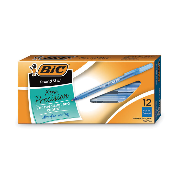 BIC® Round Stic Xtra Precision Ballpoint Pen, Stick, Fine 0.8 mm, Blue Ink, Translucent Blue Barrel, Dozen (BICGSF11BE)