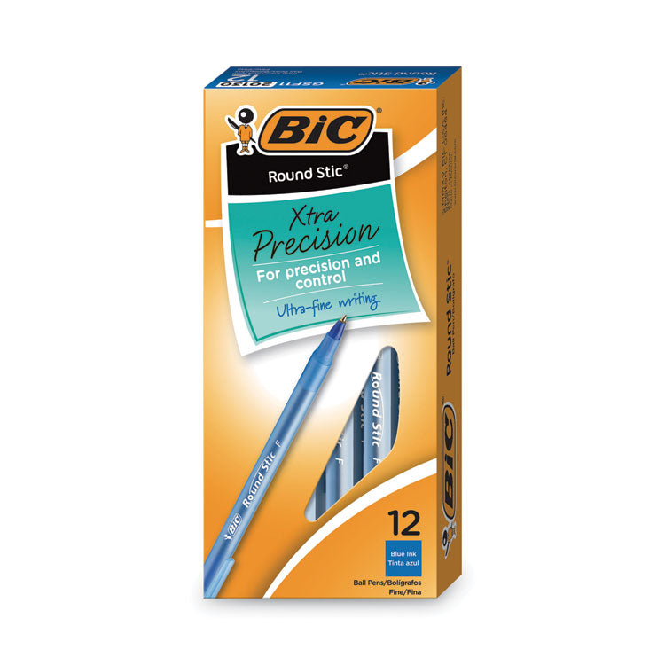 BIC® Round Stic Xtra Precision Ballpoint Pen, Stick, Fine 0.8 mm, Blue Ink, Translucent Blue Barrel, Dozen (BICGSF11BE)