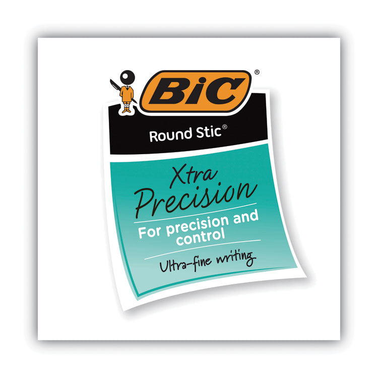 BIC® Round Stic Xtra Precision Ballpoint Pen, Stick, Fine 0.8 mm, Blue Ink, Translucent Blue Barrel, Dozen (BICGSF11BE)