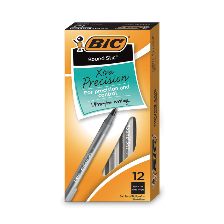 BIC® Round Stic Xtra Precision Ballpoint Pen, Stick, Fine 0.8 mm, Black Ink, Smoke Barrel, Dozen (BICGSF11BK)