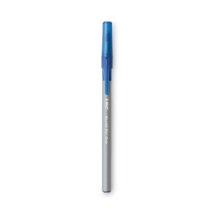 BIC® Round Stic Grip Xtra Comfort Ballpoint Pen, Stick, Fine 0.8 mm, Blue Ink, Gray/Blue Barrel, Dozen (BICGSFG11BE)