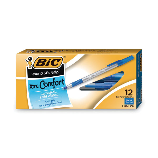 BIC® Round Stic Grip Xtra Comfort Ballpoint Pen, Stick, Fine 0.8 mm, Blue Ink, Gray/Blue Barrel, Dozen (BICGSFG11BE)