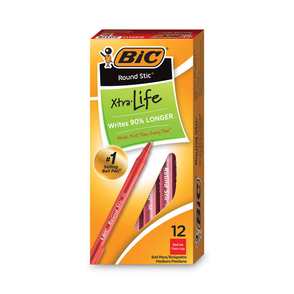 BIC® Round Stic Xtra Life Ballpoint Pen, Stick, Medium 1 mm, Red Ink, Translucent Red Barrel, Dozen (BICGSM11RD)