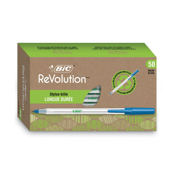 BIC® Ecolutions Round Stic Ballpoint Pen Value Pack, Stick, Medium 1 mm, Blue Ink, Clear Barrel, 50/Pack (BICGSME509BE)