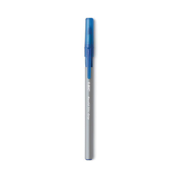 BIC® Round Stic Grip Xtra Comfort Ballpoint Pen, Easy-Glide, Stick, Medium 1.2 mm, Blue Ink, Gray/Blue Barrel, Dozen (BICGSMG11BE)