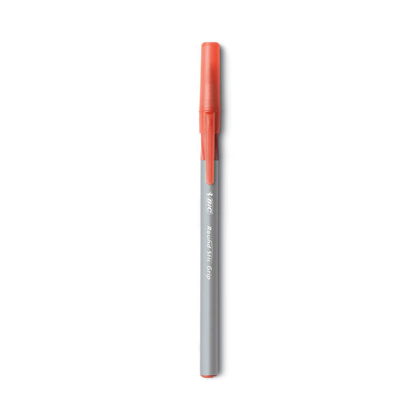 BIC® Round Stic Grip Xtra Comfort Ballpoint Pen, Easy-Glide, Stick, Medium 1.2 mm, Red Ink, Gray/Red Barrel, Dozen (BICGSMG11RD)