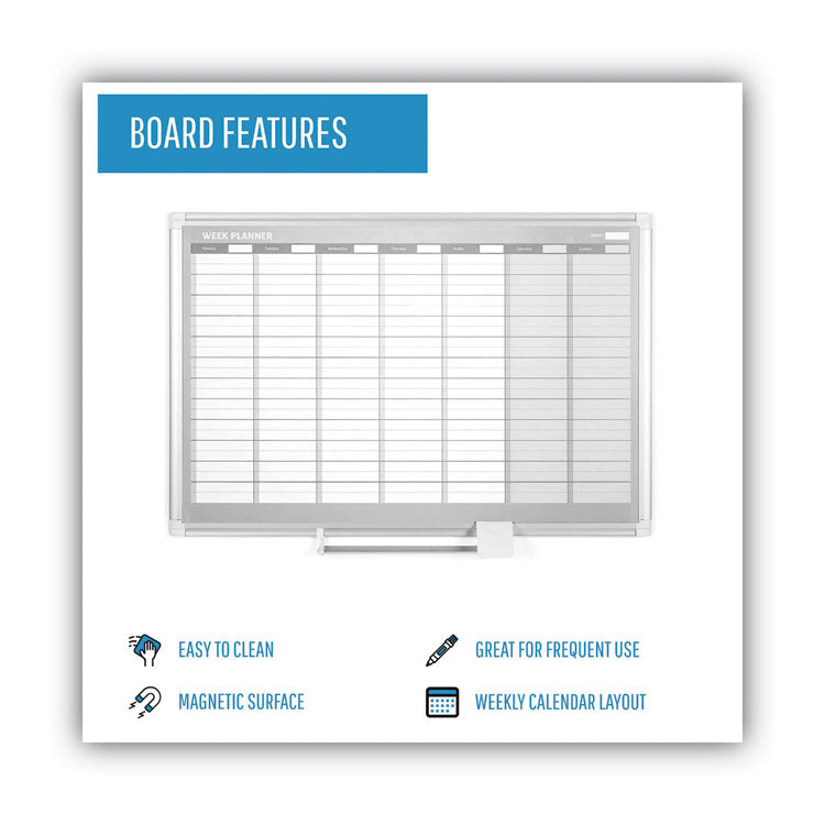 MasterVision® Magnetic Dry Erase Calendar Board, Weekly Calendar, 36 x 24, White Surface, Silver Aluminum Frame (BVCGA0396830) Each