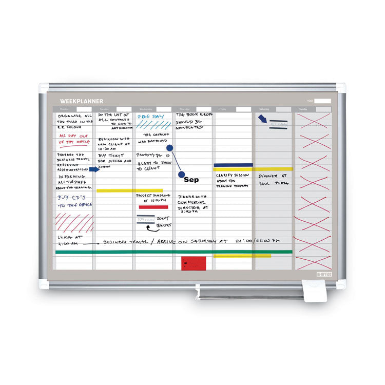 MasterVision® Magnetic Dry Erase Calendar Board, Weekly Calendar, 36 x 24, White Surface, Silver Aluminum Frame (BVCGA0396830) Each