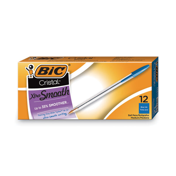 BIC® Cristal Xtra Smooth Ballpoint Pen, Stick, Medium 1 mm, Blue Ink, Clear Barrel, Dozen (BICMS11BE)