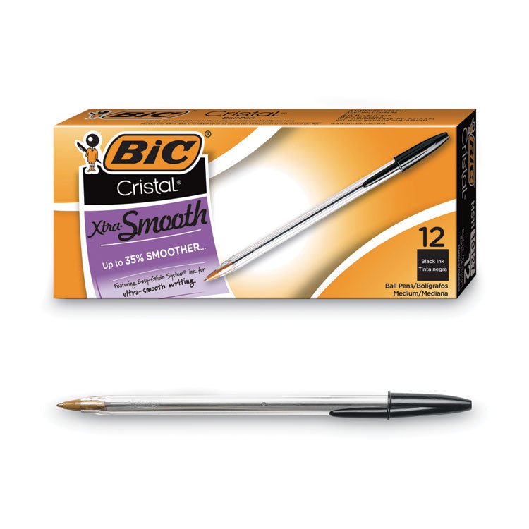 BIC® Cristal Xtra Smooth Ballpoint Pen, Stick, Medium 1 mm, Black Ink, Clear Barrel, Dozen (BICMS11BK)