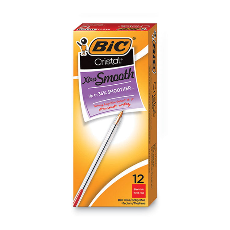 BIC® Cristal Xtra Smooth Ballpoint Pen, Stick, Medium 1 mm, Red Ink, Clear Barrel, Dozen (BICMS11RD)