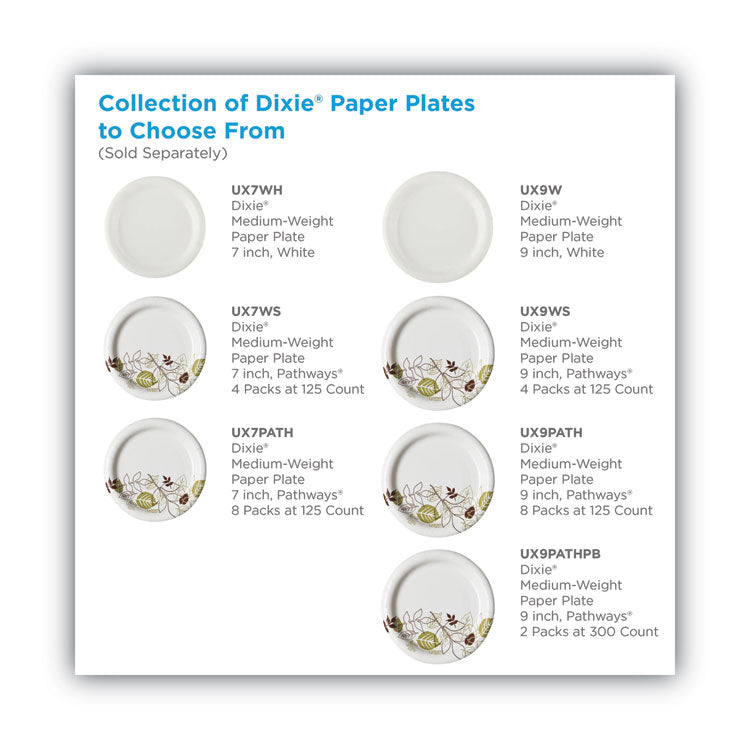 Dixie® Pathways Soak-Proof Shield Mediumweight Paper Plates, WiseSize, 6.88" dia, Green/Burgundy, 125/Pack (DXEUX7WSPK)
