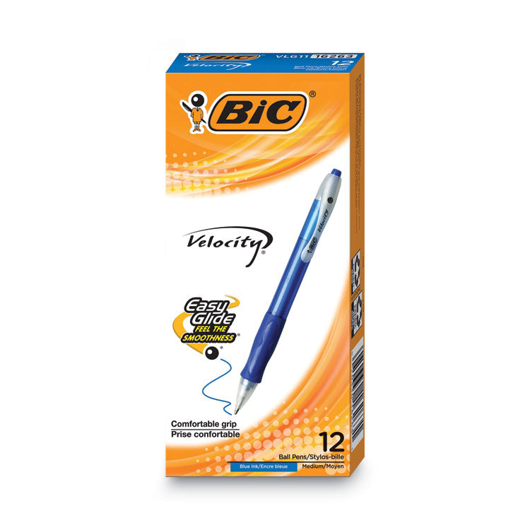 BIC® Velocity Easy Glide Ballpoint Pen, Retractable, Medium 1 mm, Blue Ink, Translucent Blue Barrel, Dozen (BICVLG11BE)