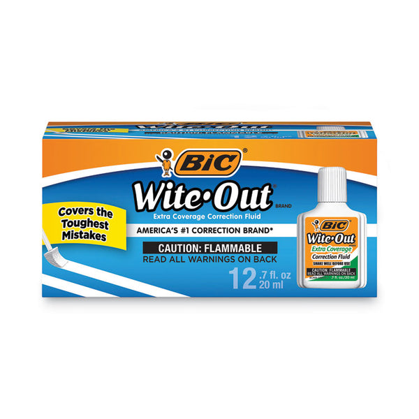 BIC® Wite-Out Extra Coverage Correction Fluid, 20 mL Bottle, White, Dozen (BICWOFEC12WE)
