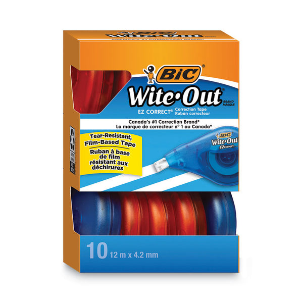 BIC® Wite-Out EZ Correct Correction Tape Value Pack, Non-Refillable, Blue/Orange Applicators, 0.17" x 472", 10/Box (BICWOTAP10)