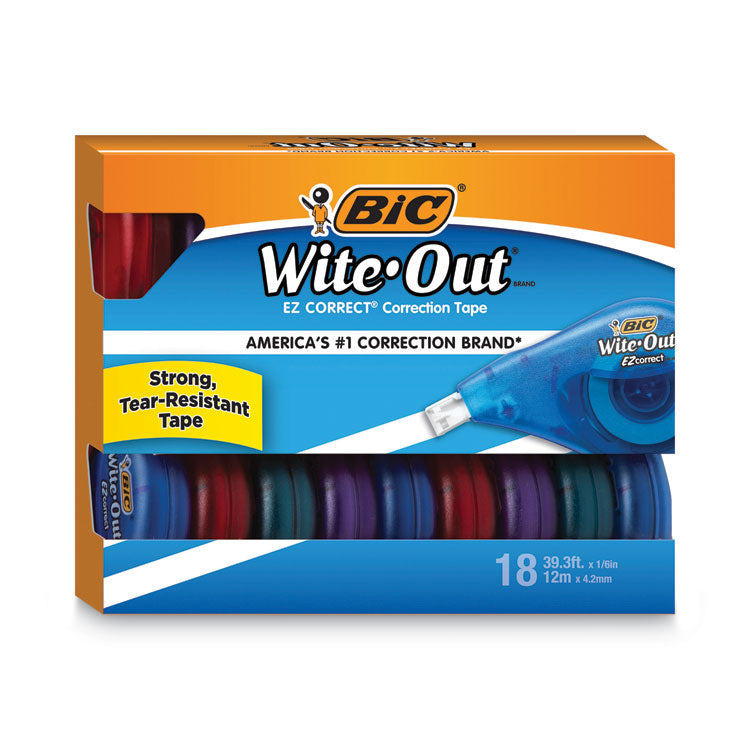 BIC® Wite-Out EZ Correct Correction Tape Value Pack, Non-Refillable, Blue/Orange Applicators, 0.17" x 472", 18/Pack (BICWOTAP18)