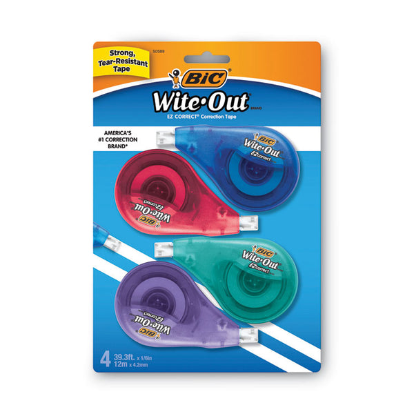 BIC® Wite-Out EZ Correct Correction Tape, Non-Refillable, Blue/Yellow Applicators, 0.17" x 400", 4/Pack (BICWOTAPP418)