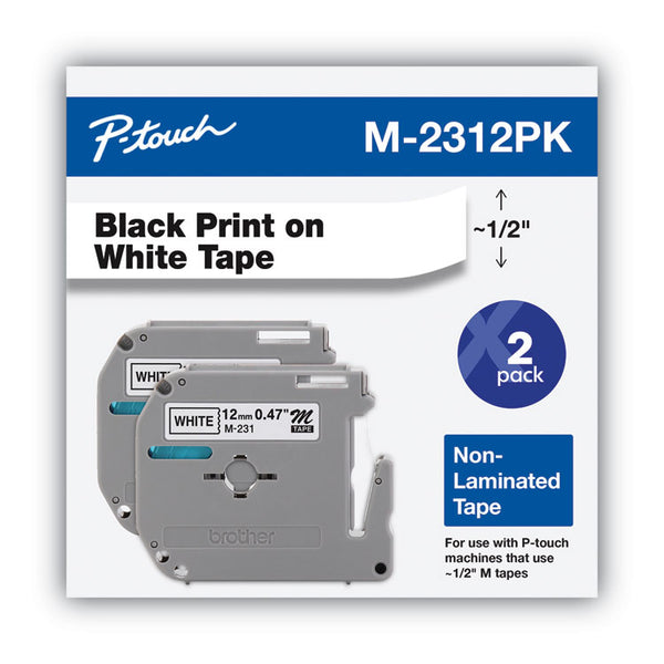 Brother P-Touch® M Series Tape Cartridges for P-Touch Labelers, 0.47" x 26.2 ft, Black on White, 2/Pack (BRTM2312PK)