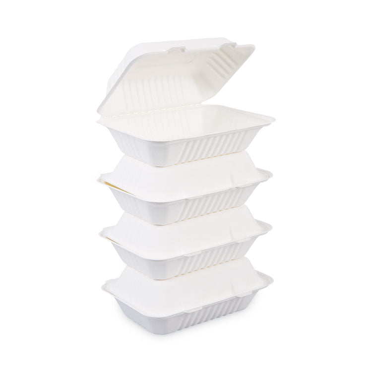 Boardwalk® Bagasse Food Containers, Hinged-Lid, 1-Compartment 9 x 6 x 3.19, White, Sugarcane, 125/Sleeve, 2 Sleeves/Carton (BWKHINGEWFHG1C9)