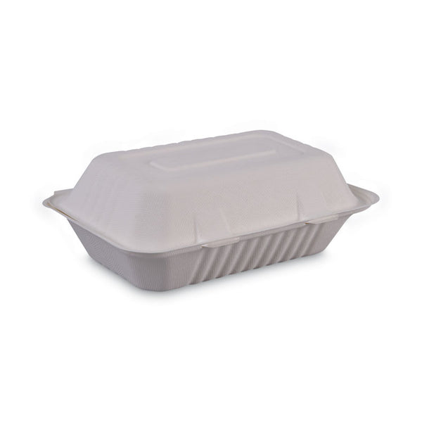 Boardwalk® Bagasse Food Containers, Hinged-Lid, 1-Compartment 9 x 6 x 3.19, White, Sugarcane, 125/Sleeve, 2 Sleeves/Carton (BWKHINGEWFHG1C9)