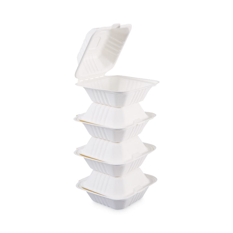 Boardwalk® Bagasse Food Containers, Hinged-Lid, 1-Compartment 6 x 6 x 3.19, White, Sugarcane, 125/Sleeve, 4 Sleeves/Carton (BWKHINGEWF1CM6)