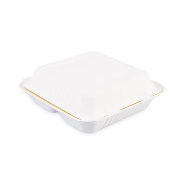 Boardwalk® Bagasse Food Containers, Hinged-Lid, 3-Compartment 9 x 9 x 3.19, White, Sugarcane, 100/Sleeve, 2 Sleeves/Carton (BWKHINGEWF3CM9)