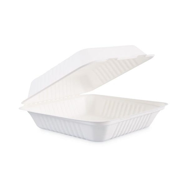 Boardwalk® Bagasse Food Containers, Hinged-Lid, 1-Compartment 9 x 9 x 3.19, White,  Sugarcane, 100/Sleeve, 2 Sleeves/Carton (BWKHINGEWF1CM9)