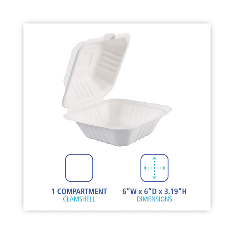 Boardwalk® Bagasse Food Containers, Hinged-Lid, 1-Compartment 6 x 6 x 3.19, White, Sugarcane, 125/Sleeve, 4 Sleeves/Carton (BWKHINGEWF1CM6)